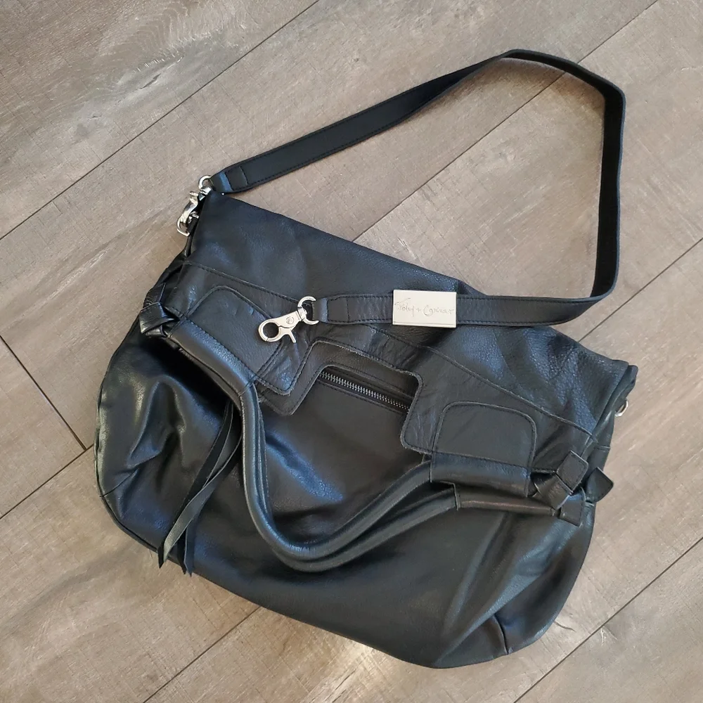 Foley + Corrina Mid City Black Leather Foldover Tote Bag Crossbody